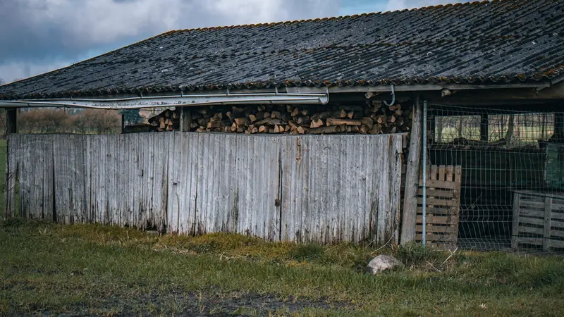 Hangar à toit de tôle ondulée avec gouttière, bois de chauffage rangé derrière un bardage de planches grises et un côté grillagé