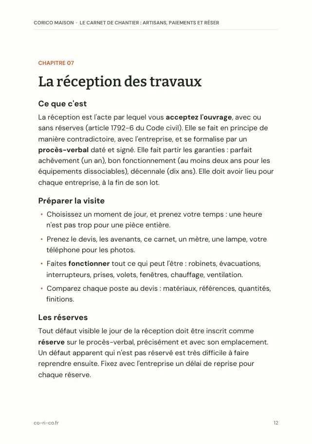 Aperçu de la page 12 de l'ebook Le carnet de chantier : artisans, paiements et réserves à suivre