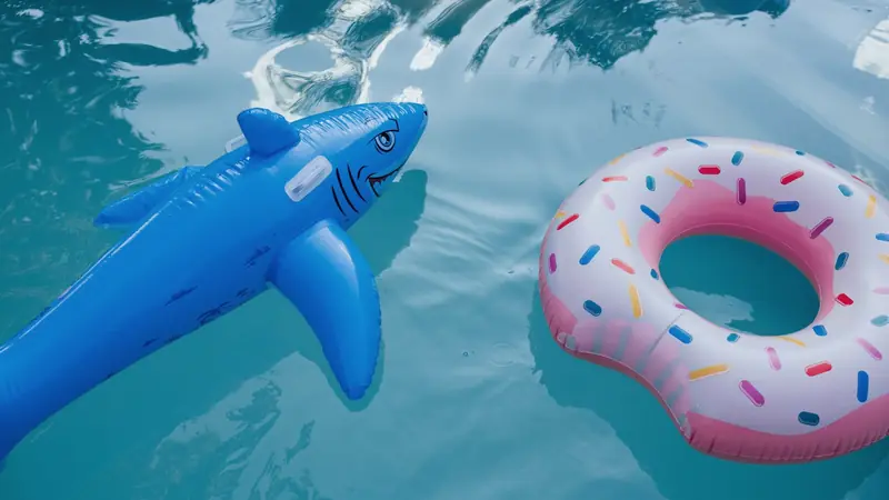 Requin gonflable bleu et bouée rose en forme de beignet flottant sur l'eau d'une piscine