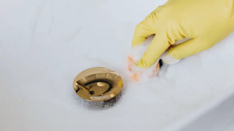 Main gantée de jaune nettoyant à l'éponge une bonde dorée dans une vasque blanche couverte de mousse