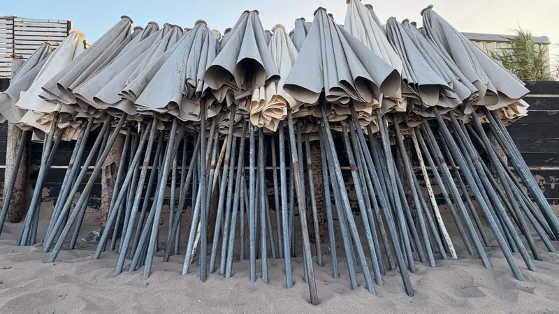 Dizaines de parasols fermés rangés debout, mâts métalliques plantés dans le sable contre une palissade