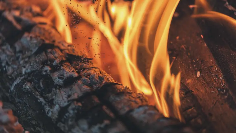 Gros plan sur une bûche qui brûle avec de hautes flammes orange