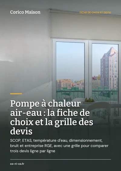 Couverture de l'ebook Pompe à chaleur air-eau : la fiche de choix et la grille des devis