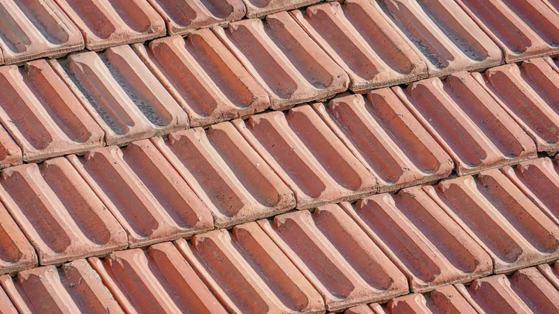 Gros plan sur des tuiles mécaniques en terre cuite rouge qui se chevauchent sur un pan de toit